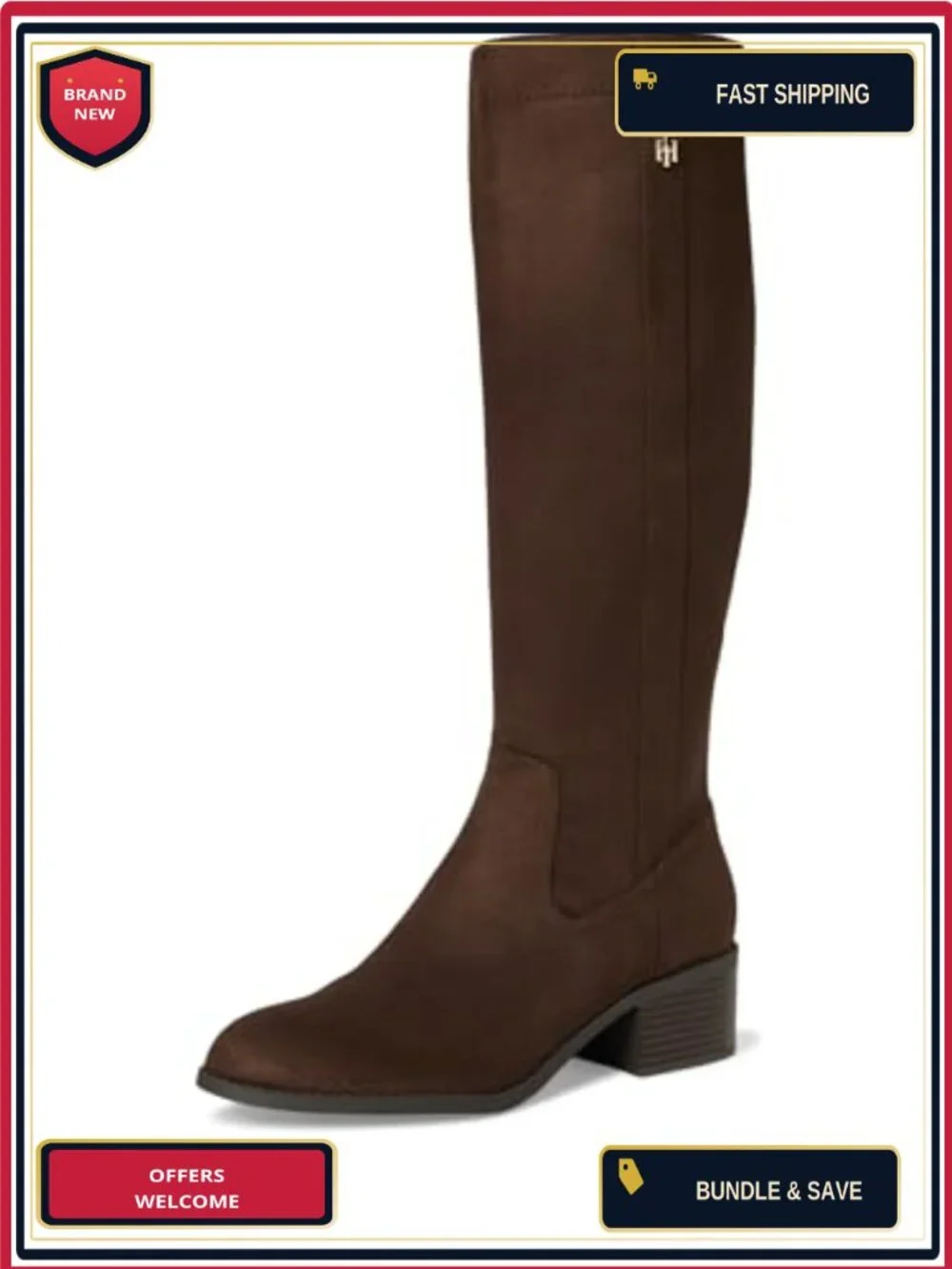 Tommy Hilfiger Women's Faux Fur Lined Knee High Block Heel Boots Pointed Toe Zip